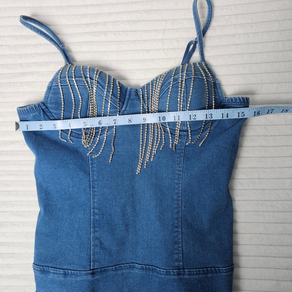 Haute Monde Denim Rhinestone Fringe Corset Bodysuit Blue Cowgirl Western Glam - Picture 7 of 10